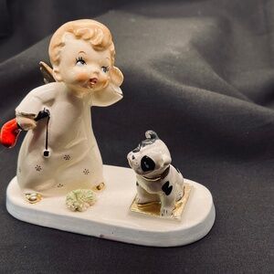 Rare! Boy Angel Gold Wings Listening Black & White Bull Dog Figurine Napco Japan